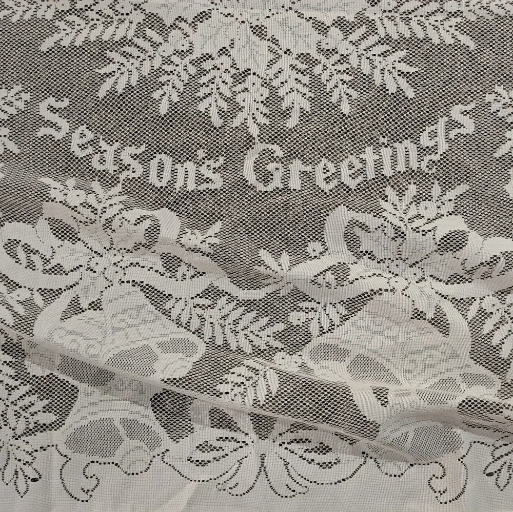 Vintage Cream Lace Rectangle Seasons Greetings Christmas Tablecloth Bells